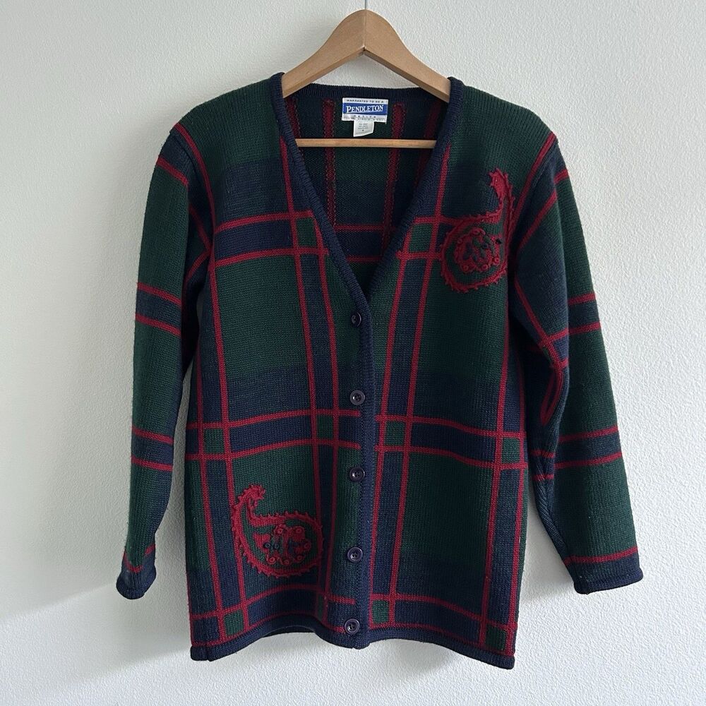 VTG Pendleton 100 % Wool Green/Blue/Red Plaid Cardigan Oversized Petite Small